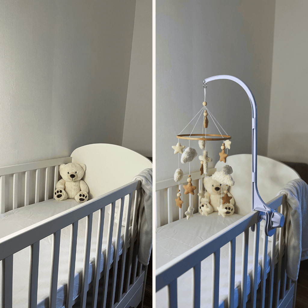 Nid d'ange mobile in a nursery with a teddy bear, embodying peace and Christian values for infants.